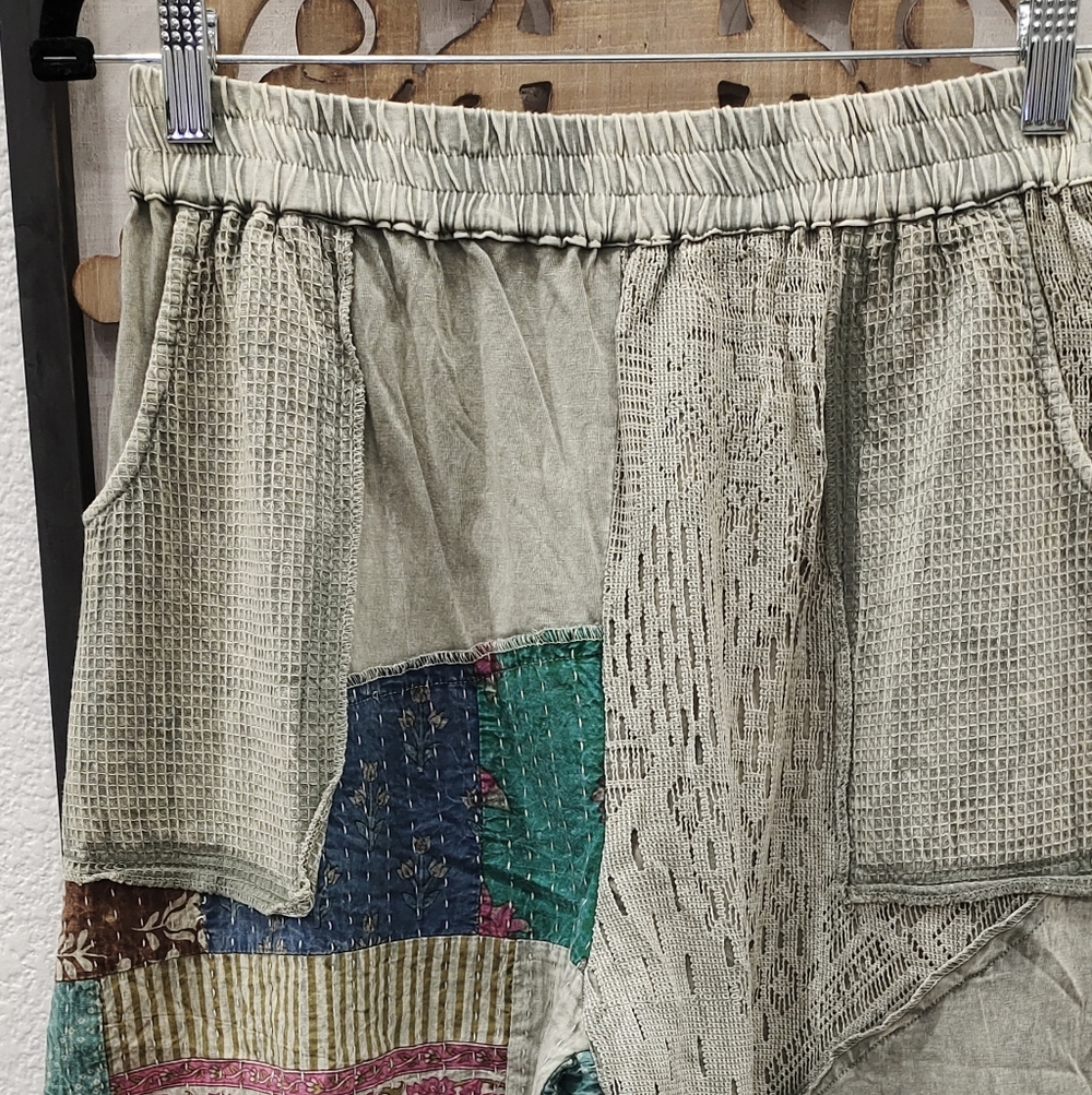 POL Wide Leg Patchwork Pants in Teal and Olive - Picture 5 of 8